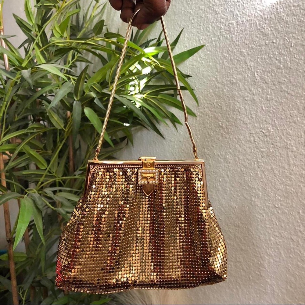 Vintage 90s Fairy Glam Coquette Sequin Clutch Shoulder Hand Bag Purse Gold Chain